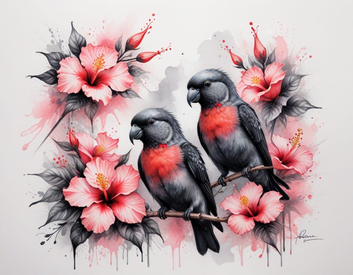 Lovebirds Among Hibiscus in Watercolour Style