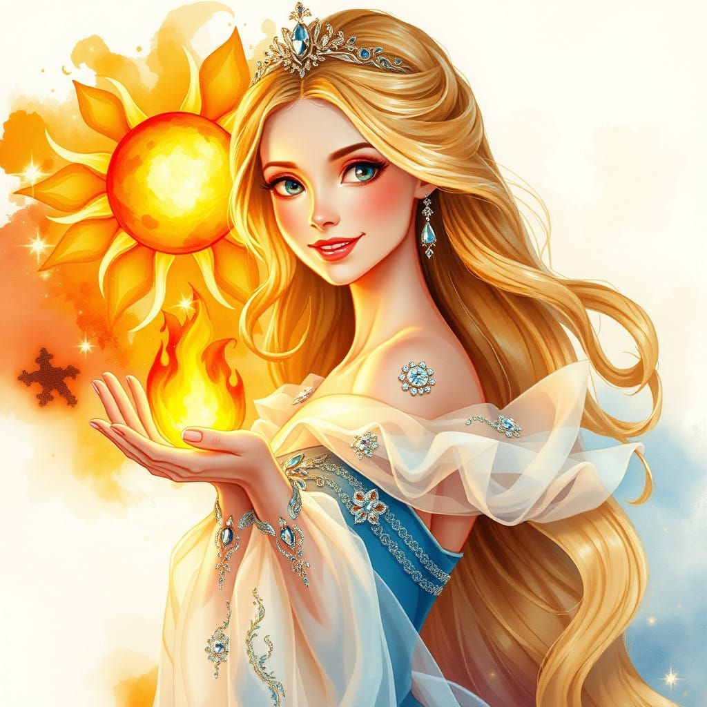 Surreal Princess Radiates Serenity with Sun in Palm, Waterco...