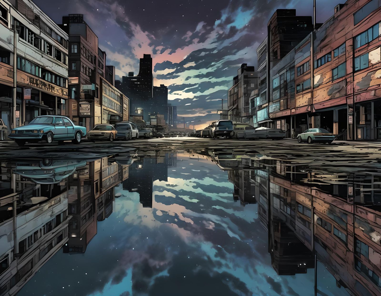 Cosmic sky, reflecting from the water on the street.