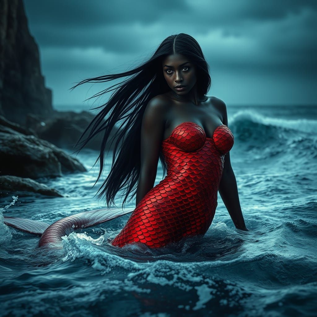 Mermaid with Red Scales in Turbulent Ocean Waters