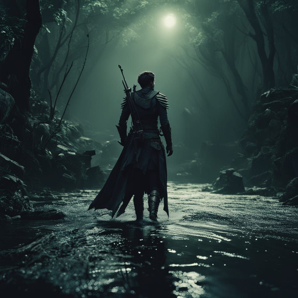 Armored Hunter Tracking Wyvern in Dark Jungle