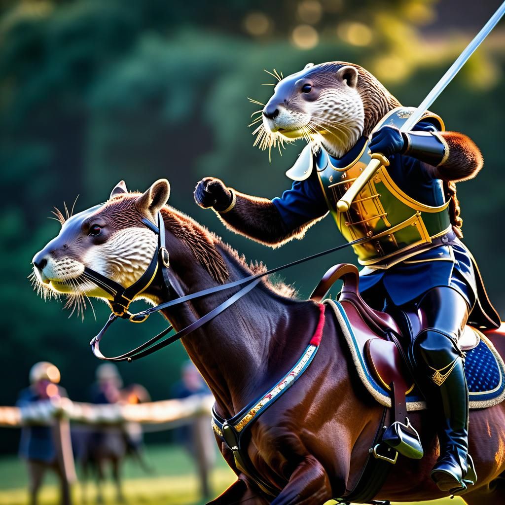 nthropomorphic otter riding a horse jousting with a lance.  horses full gallop. Side view, ambient dynamic lighting.