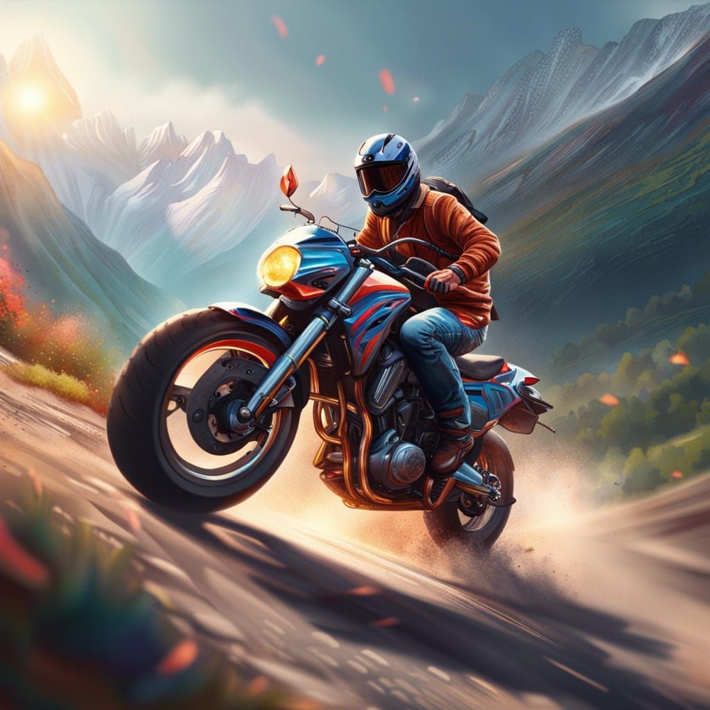 Motorbike Races up Mountain in Splash Art Style
