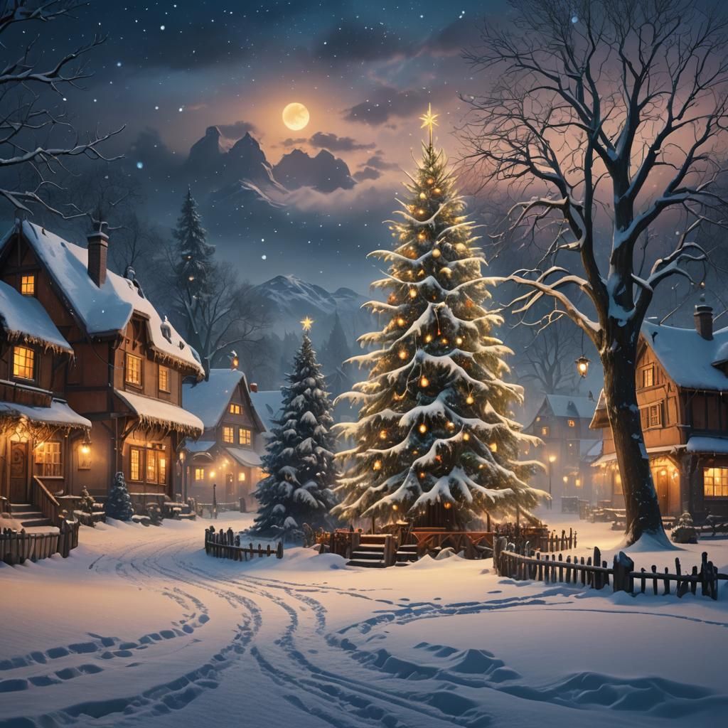 Majestic Christmas Tree in Snowy Village Square