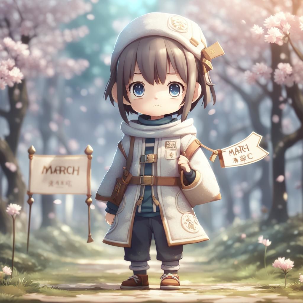 Cute Chibi Character Holding March Banner in Anime Style