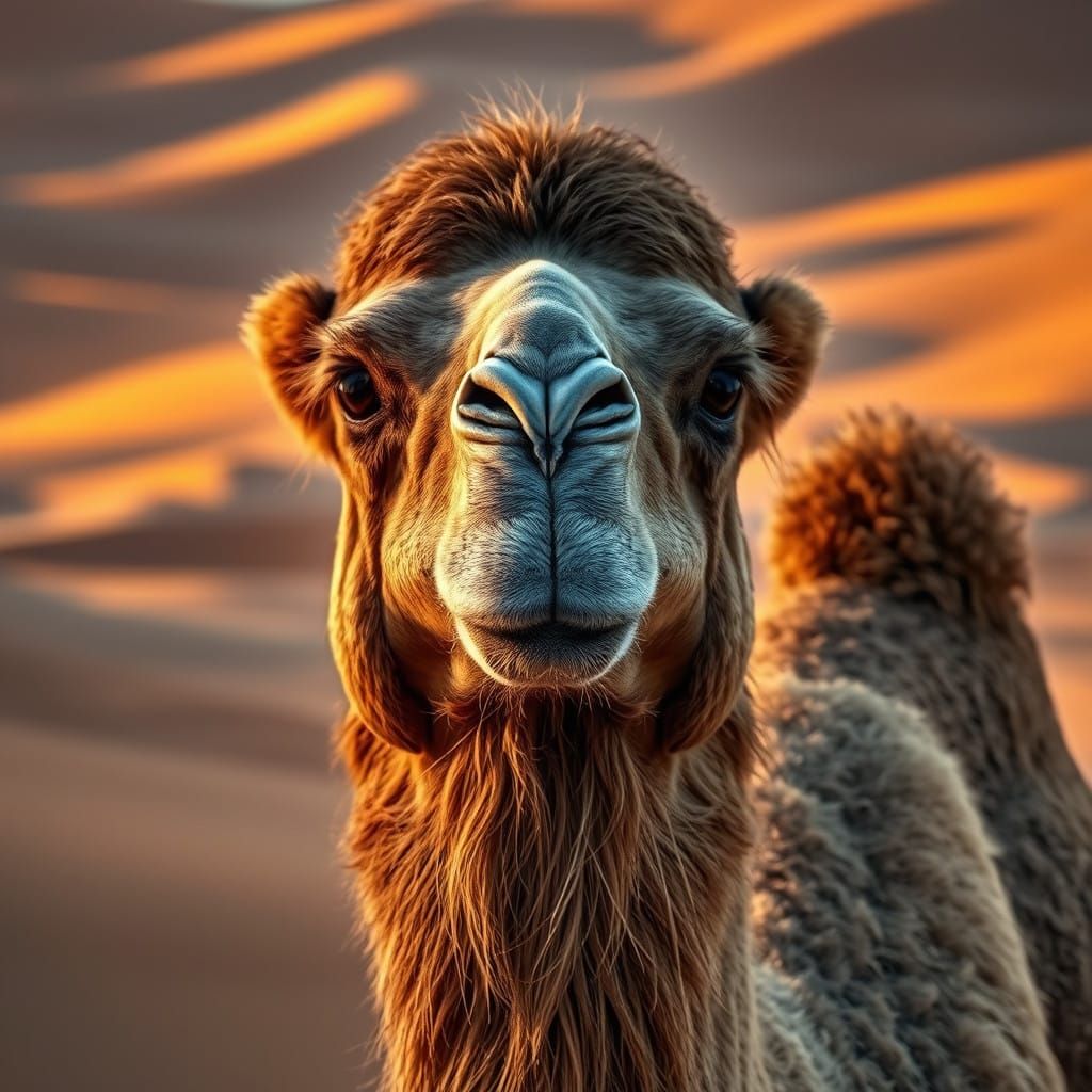 Majestic Camel in Golden Desert Landscape