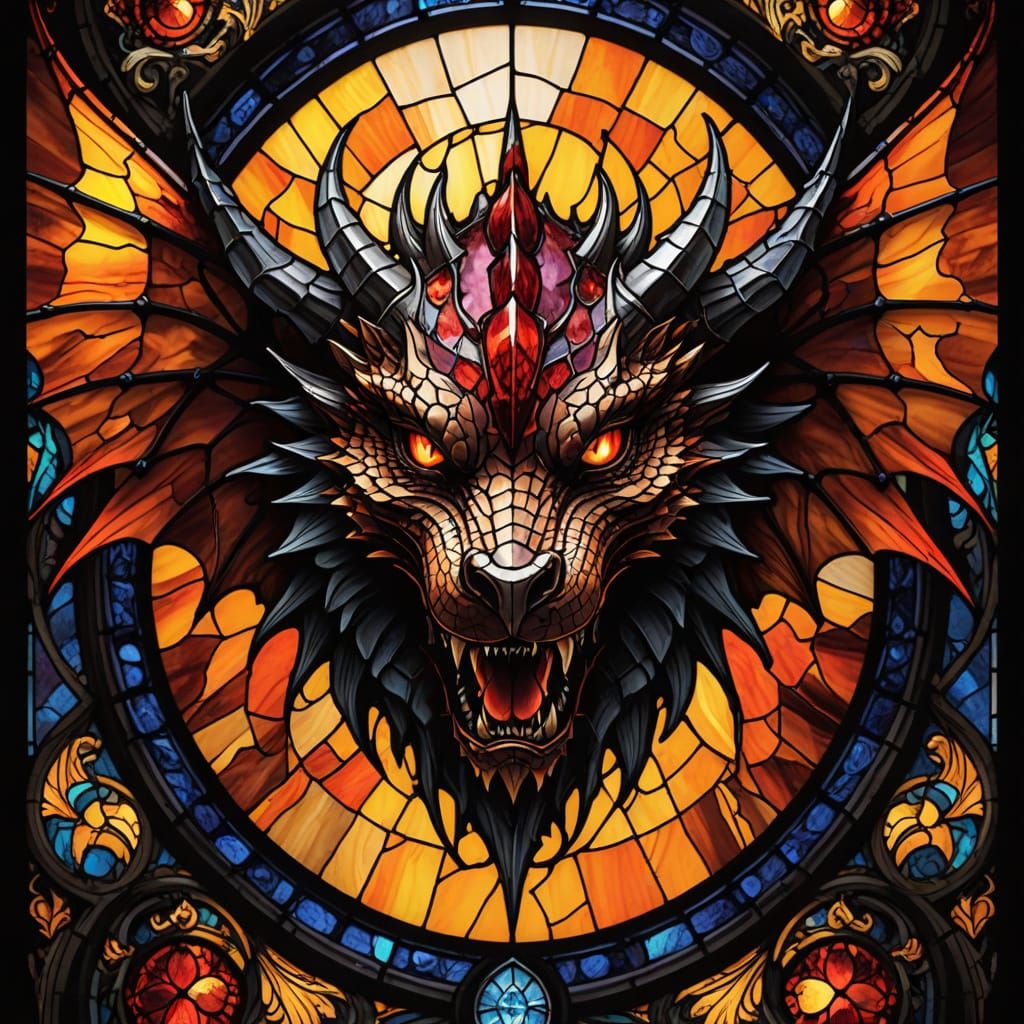 Stained Glass Dragon Head and Wings in Gothic Art