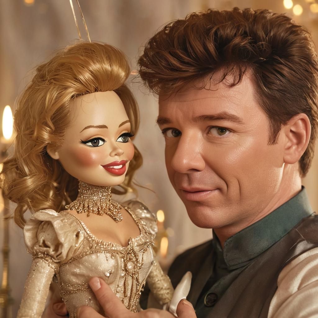 Rick Astley standing with Kylie_Minogue marionette doll