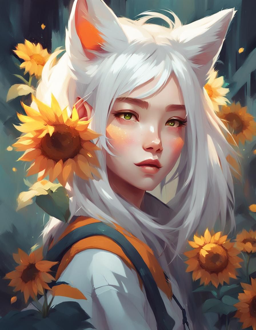 Sunflower Anime Girl with Fox Tail, Digital Art