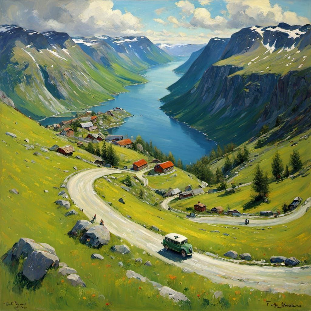 Norwegian Mountain Road: Oil Painting Vista