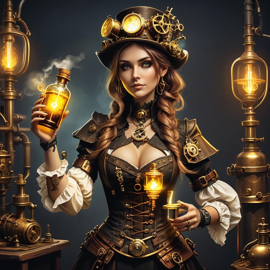 Steampunk Alchemist Girl with Golden Potion