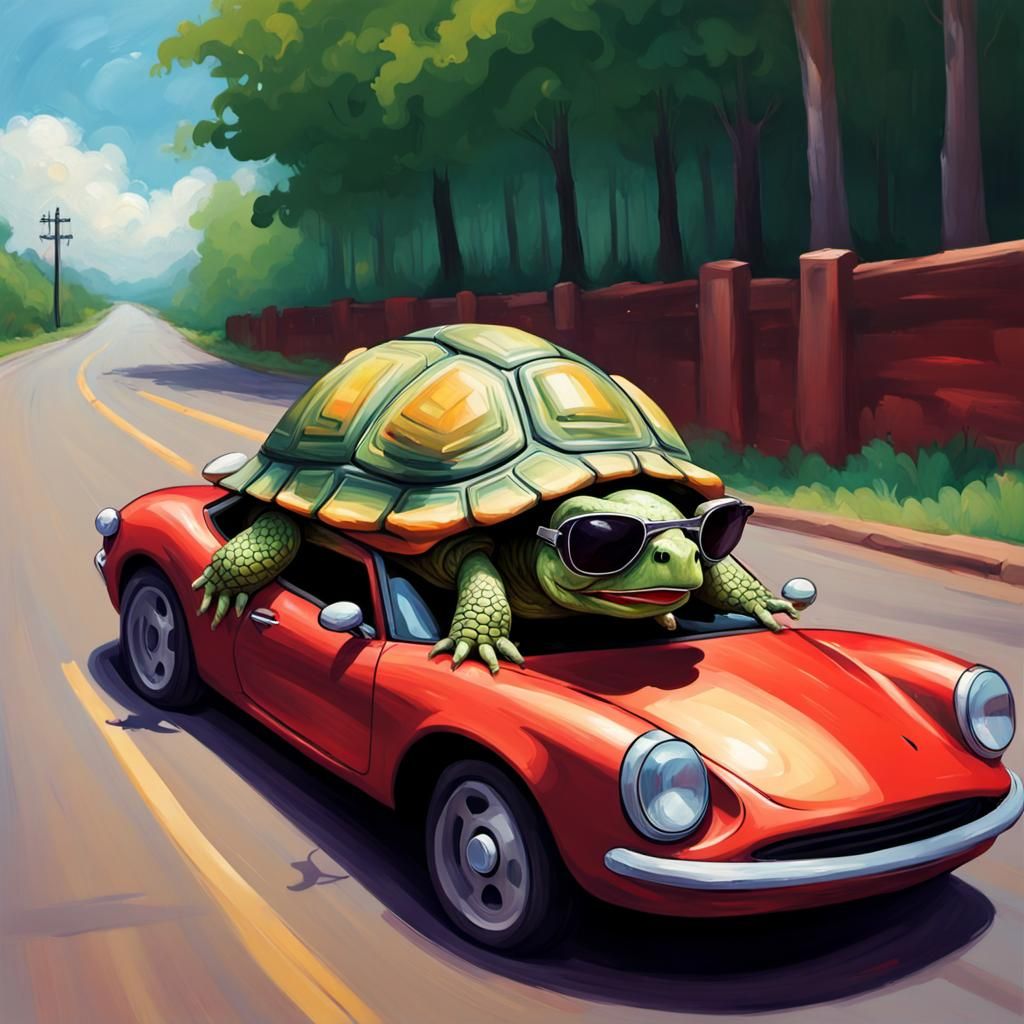 Cartoon Turtle Drives Sports Car as Oil Painting