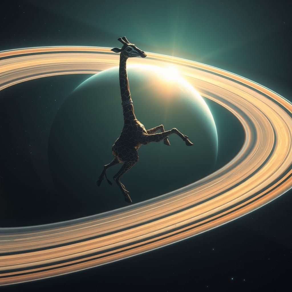 Giraffe in Futuristic Space Suit Amidst Saturn's Rings