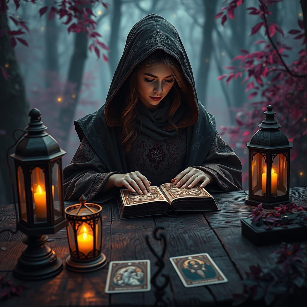 Mystical Strega in a Dreamlike Forest, Studying Tarot Cards