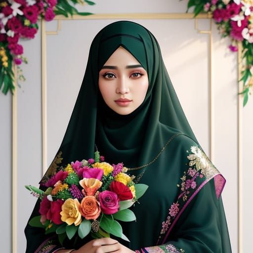 Floral Portrait of Woman in Emerald Green Hijab