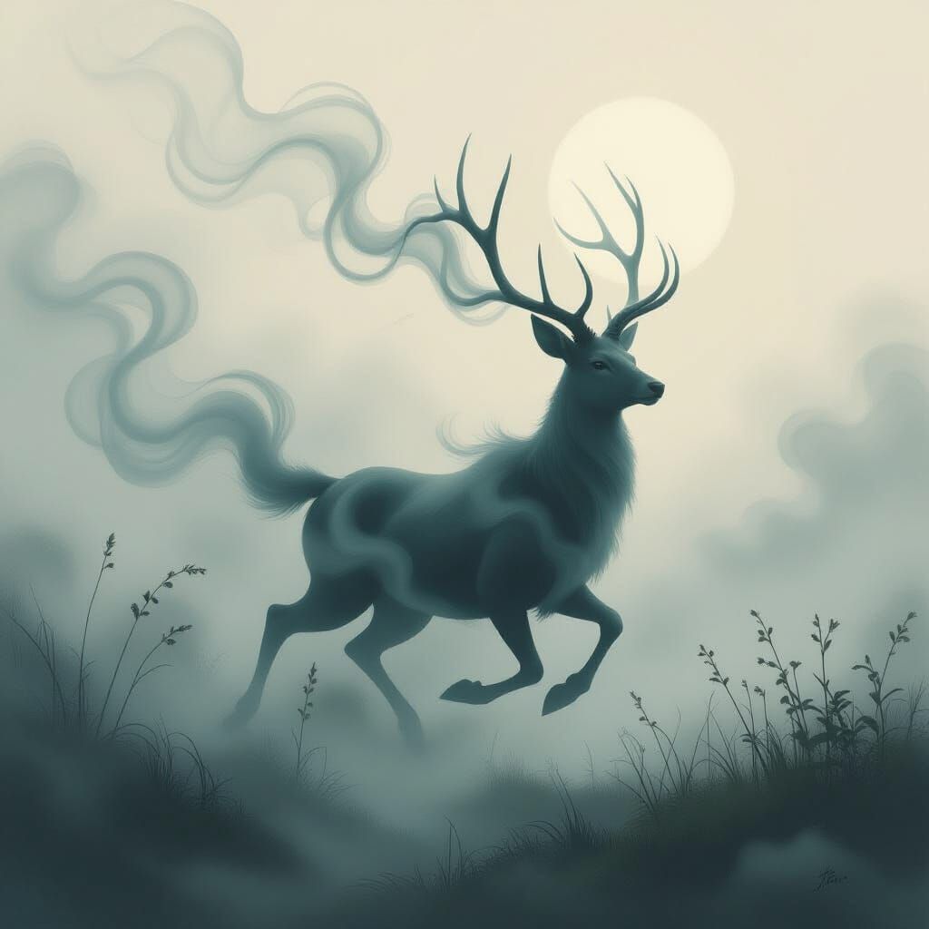 Ethereal Deer Genie in Dreamlike Landscape
