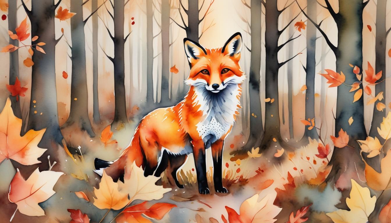 Fox in Autumn Leaves: Whimsical Watercolor Painting