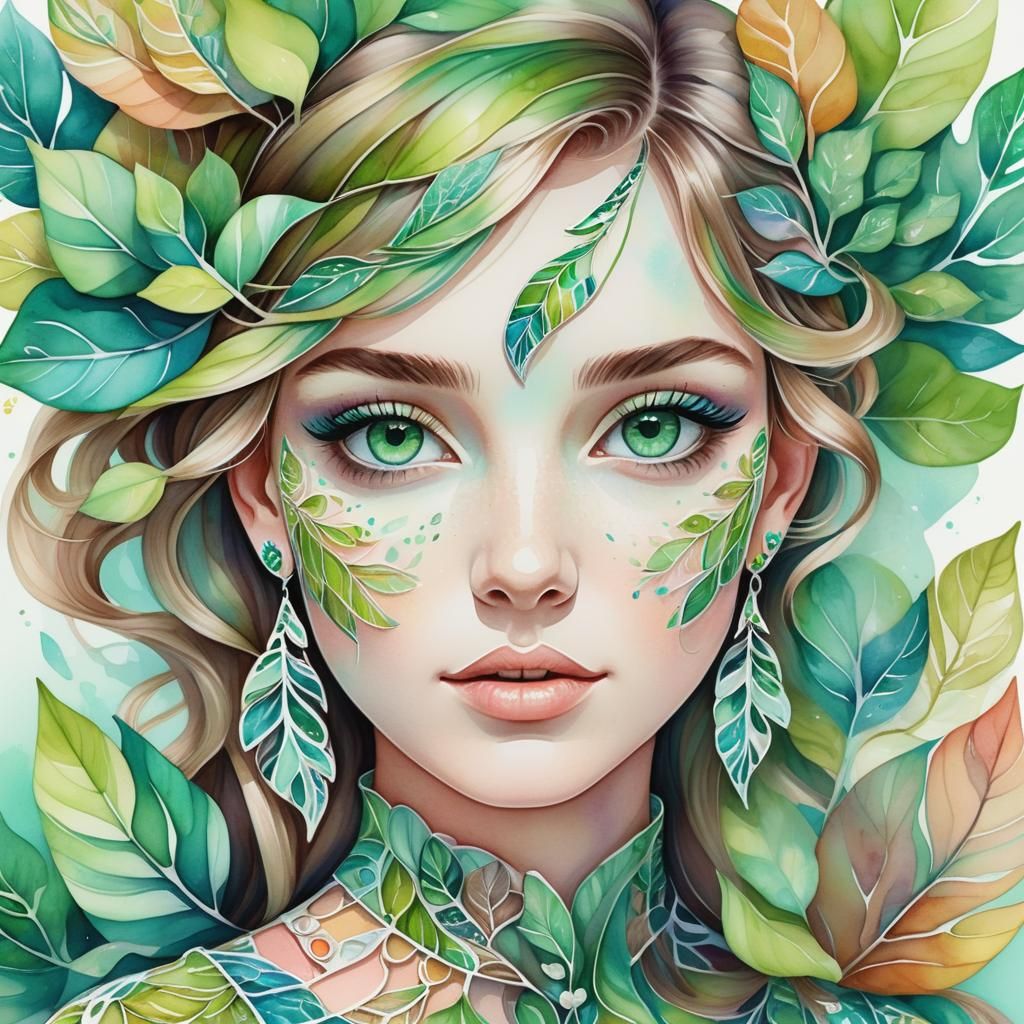 Girl with Green Eyes in Whimsical Watercolor Portrait