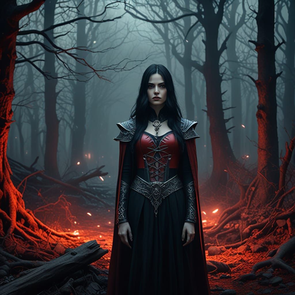 Mysterious Sorceress in Dark Fantasy Landscape