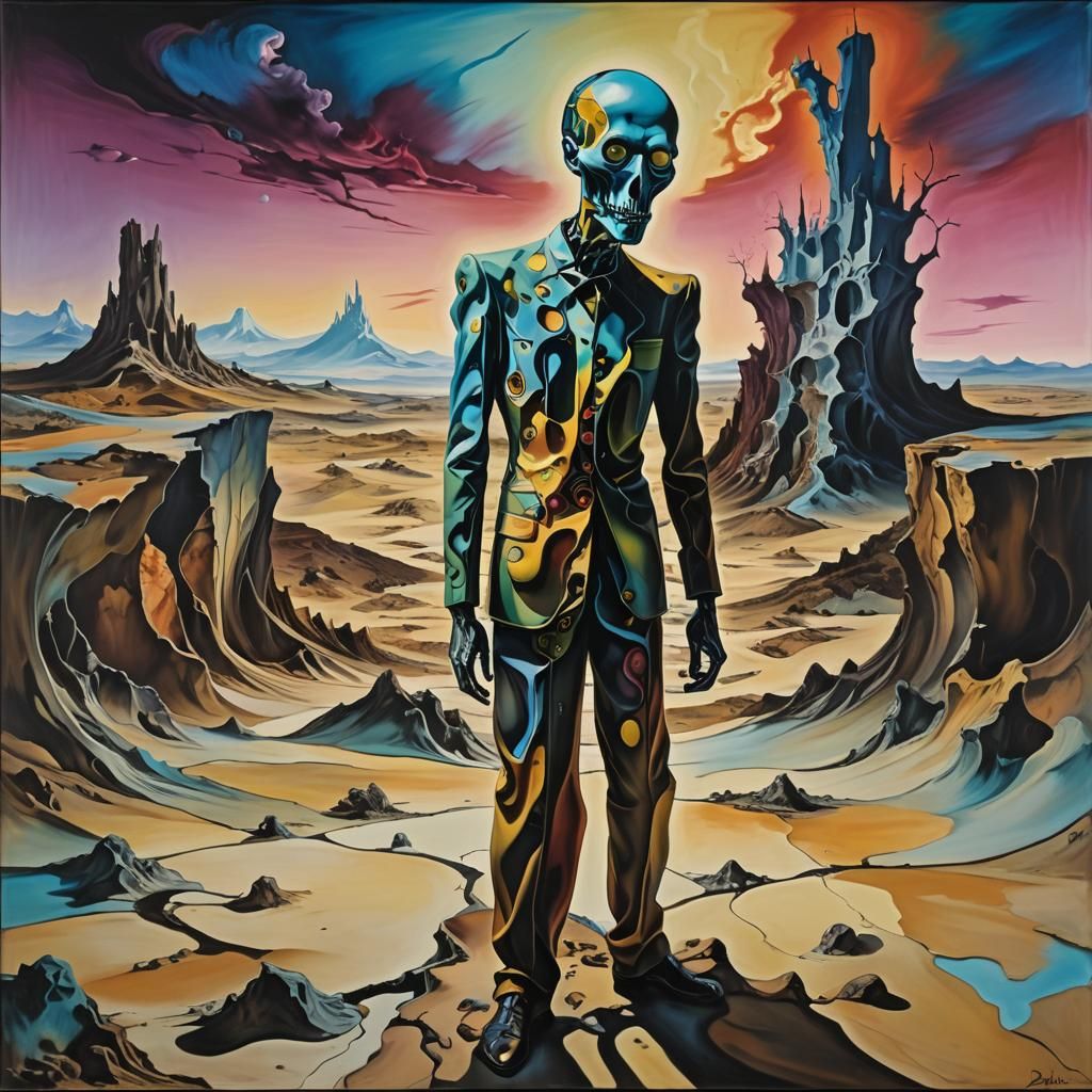 Surreal Distorted Figure in Dreamlike Landscape