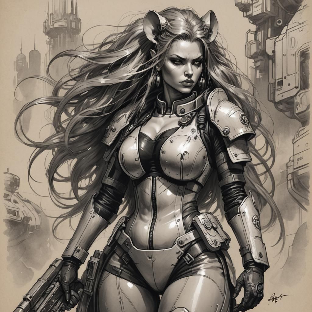 Futuristic Rat-Woman Soldier in Warhammer 40k Style