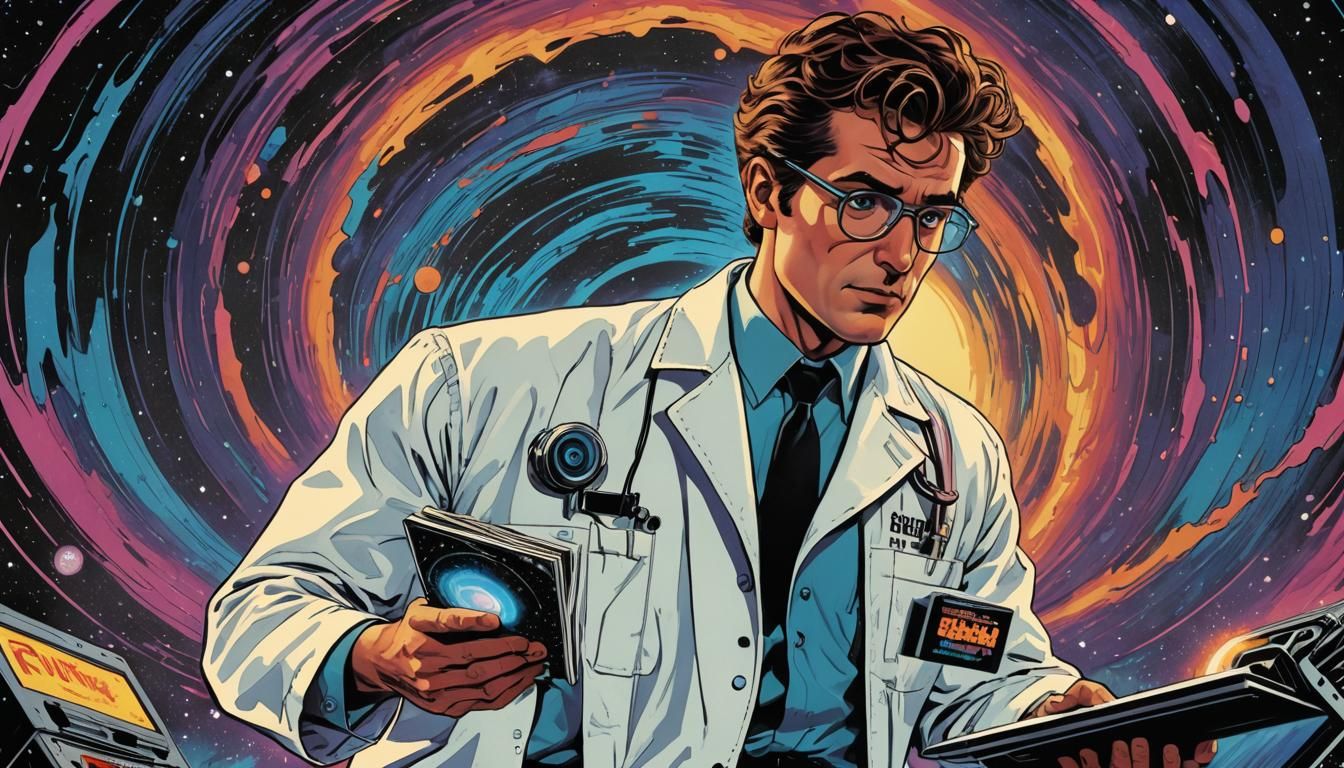 Retro-Futuristic Scientist and Black Hole Comic Art