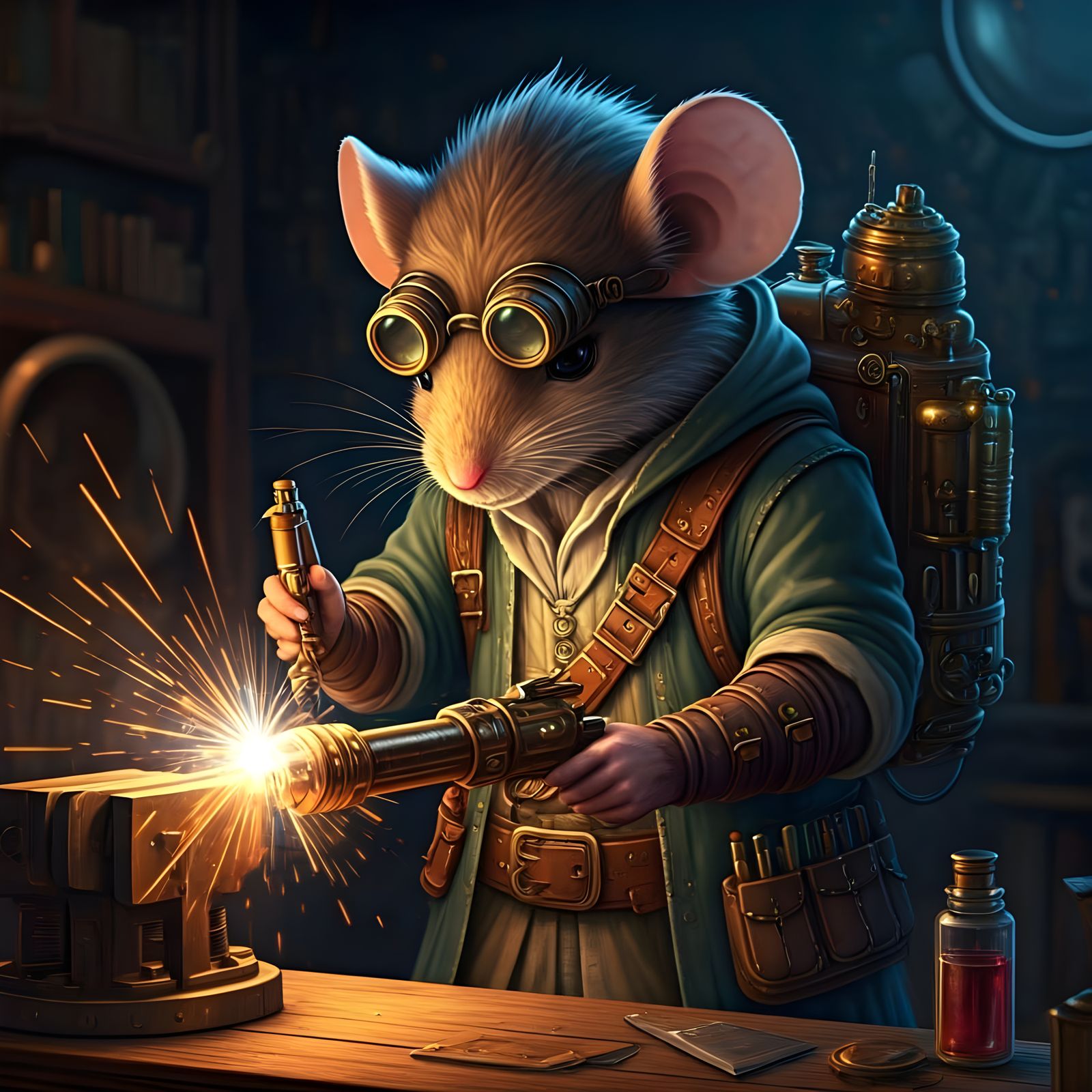 Anthropomorphic Mouse Artificer in Steampunk Workshop