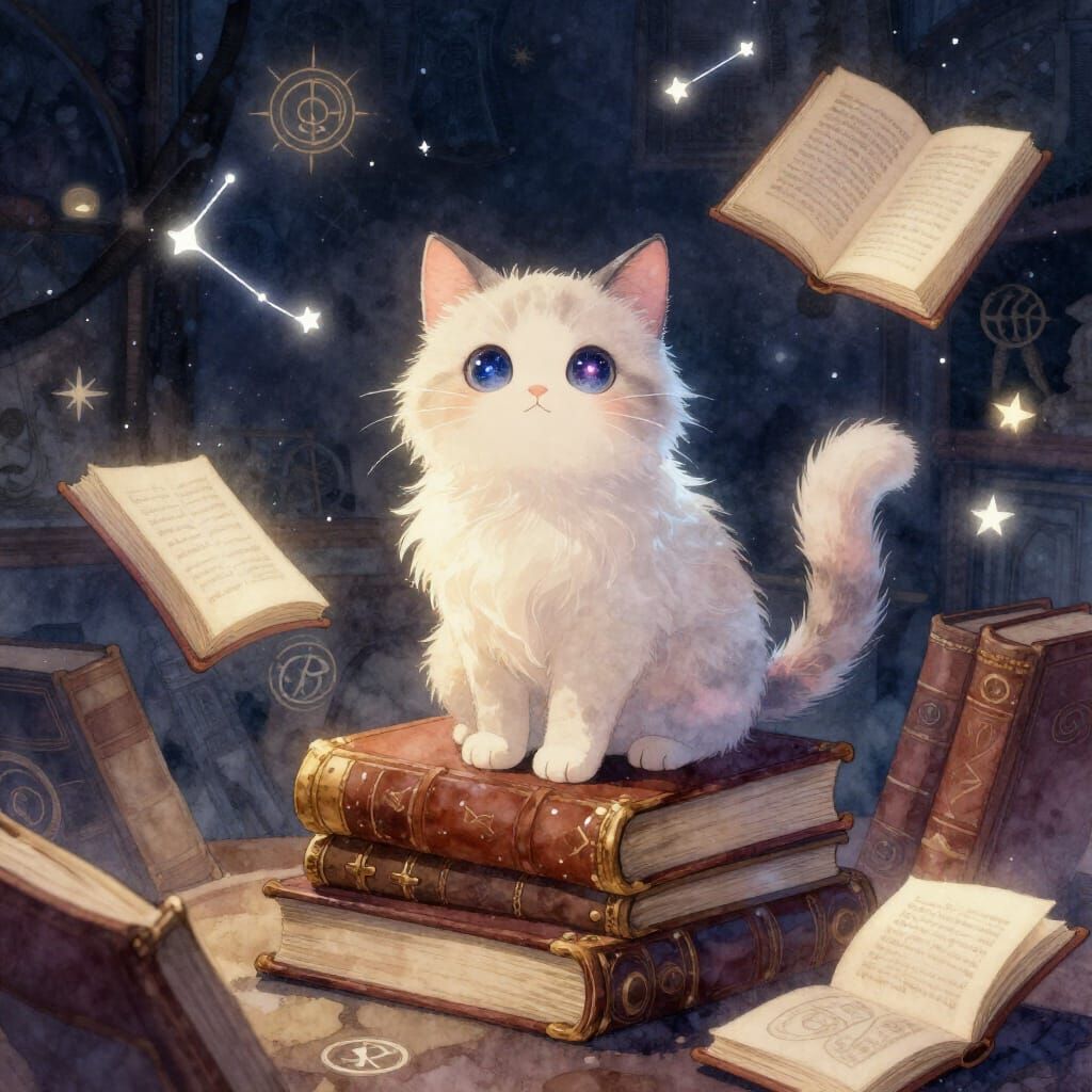 Fluffy Galaxy Cat on Ancient Books in Cozy Study