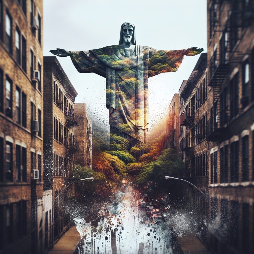 Double Exposure: Statue and Forest in Dramatic Concept Art