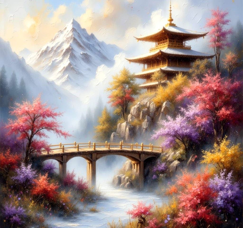Misty Mountain Temple in Dreamy Impasto Style