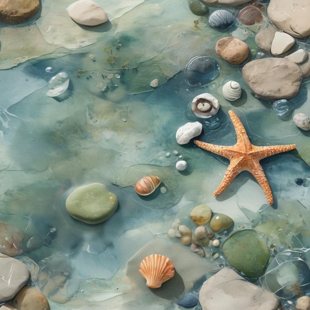 Detailed Watercolour Rockpool with Starfish and Sea Life