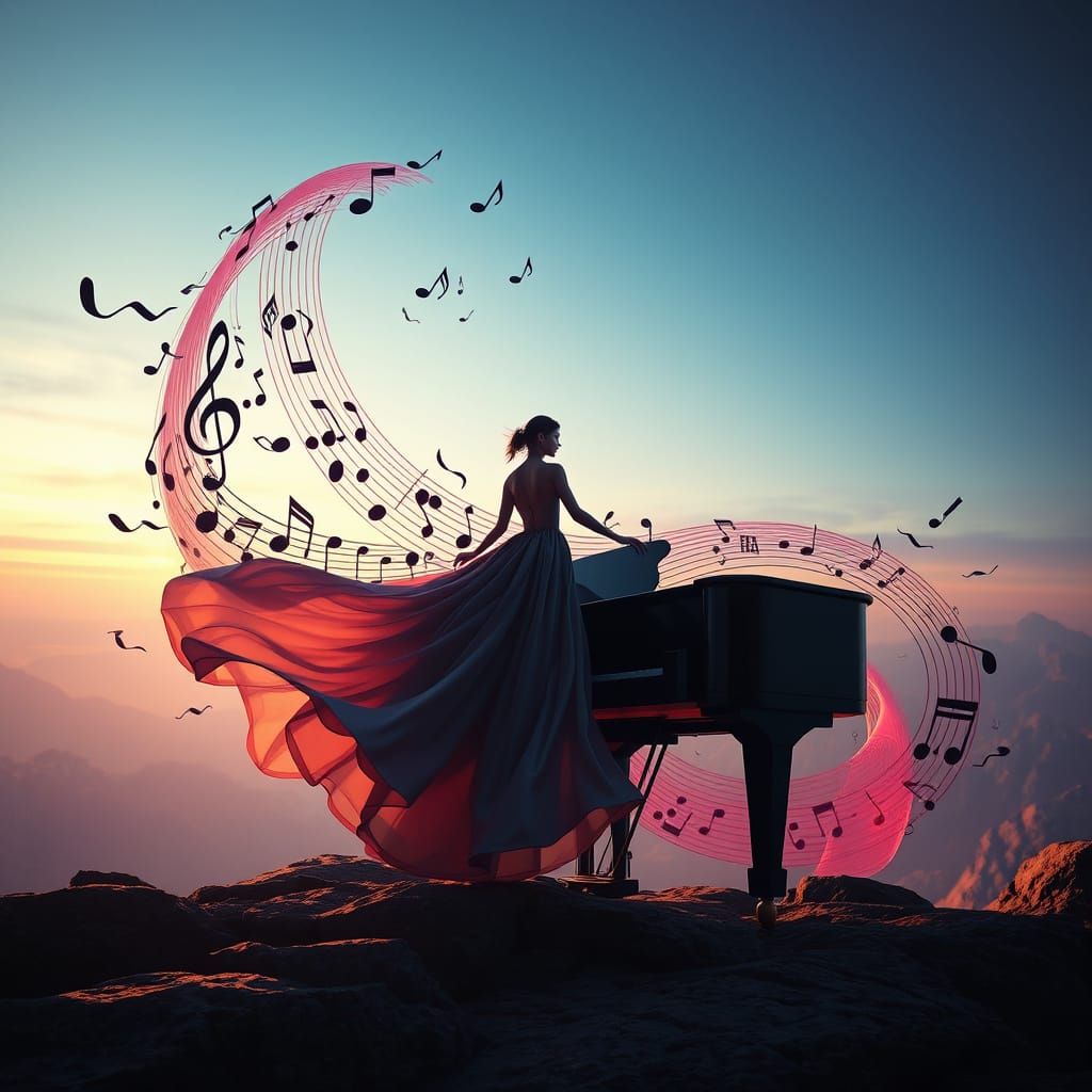 Musical Horizon: Woman at Piano in 3D Rendered Style