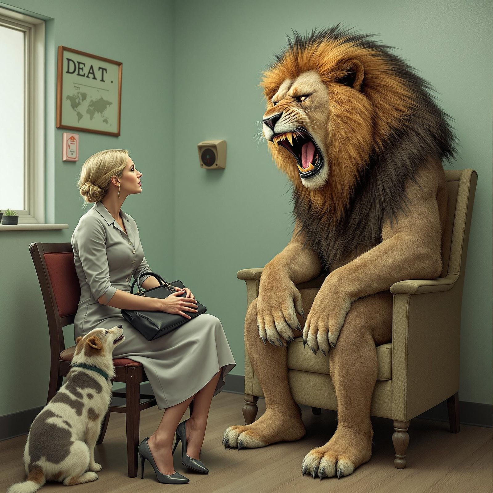 Comical Waiting Room Scene with Woman, Dog, and Lion
