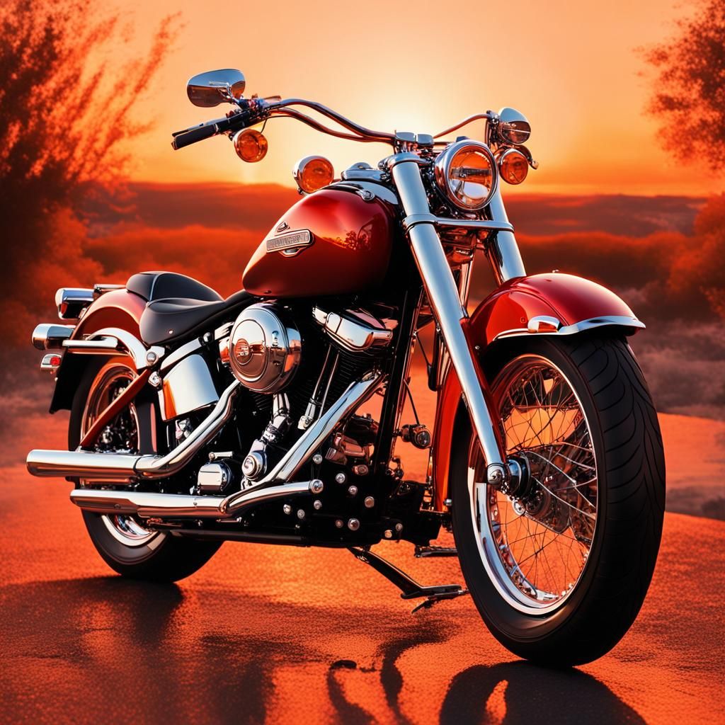 Red Harley-Davidson Softail against Sunset Landscape