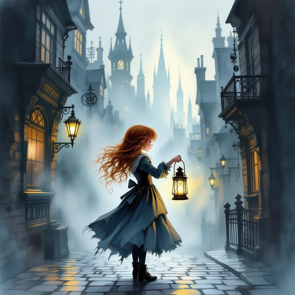Victorian Girl in Foggy City Holding Glowing Lantern