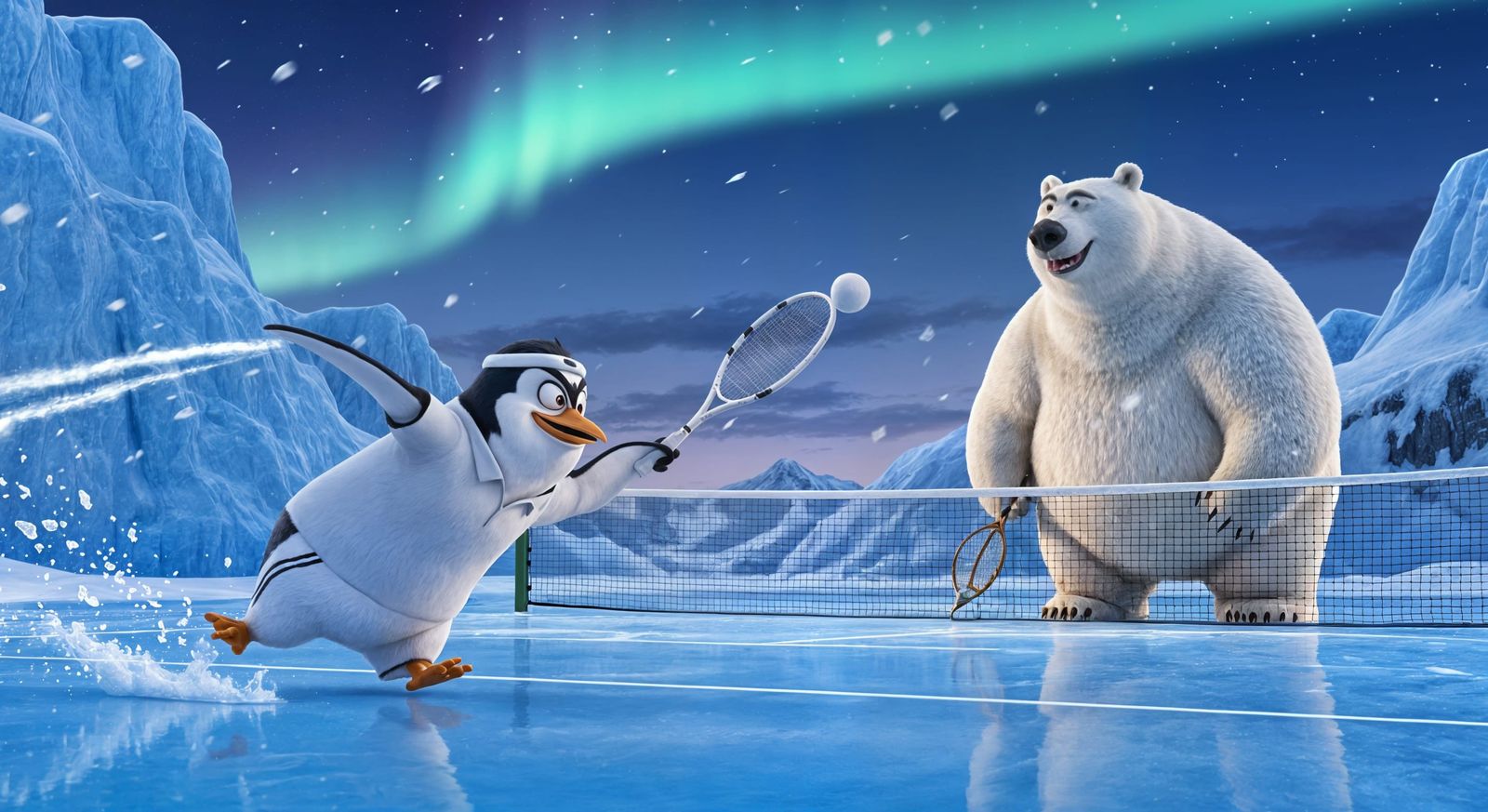 Penguin vs Polar Bear Tennis in Pixar Style