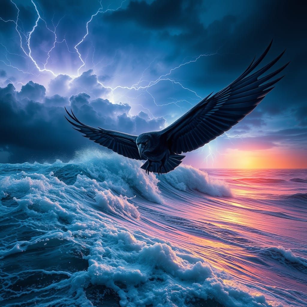 Majestic Raven Soars over Turbulent Ocean Waves
