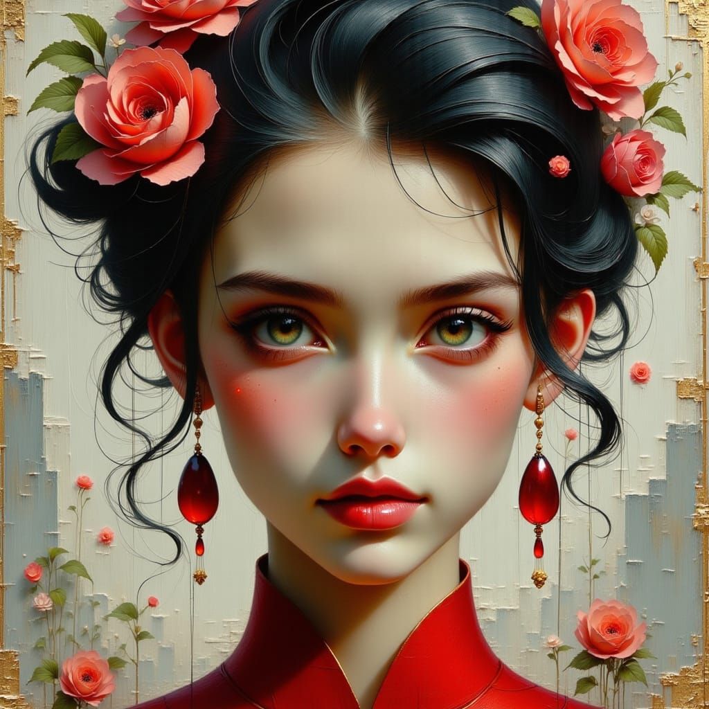 Elegant Asian Woman in Impressionist Oil Painting Style