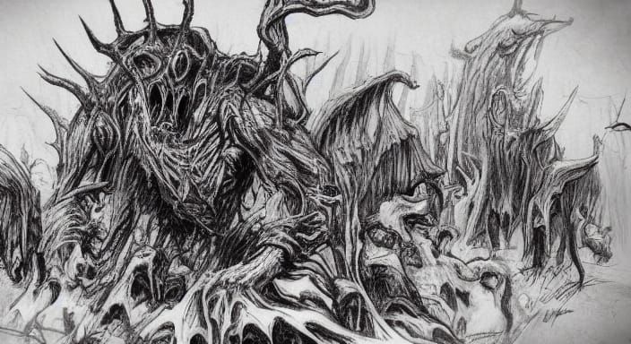 Grotesque Monster Banquet in Red and Black Sketch Art