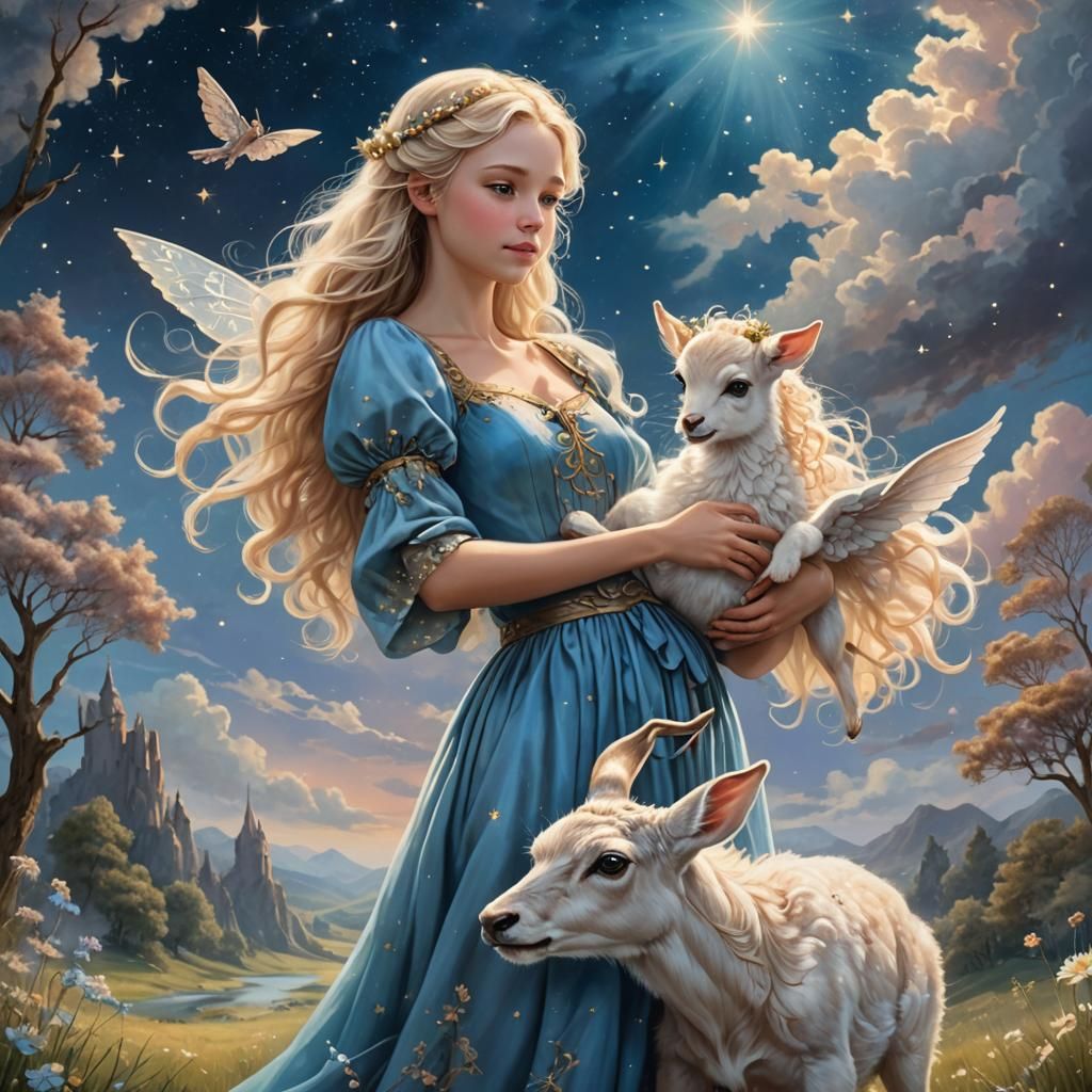 Blonde Fairy with Fawn in Starry Fairytale Landscape