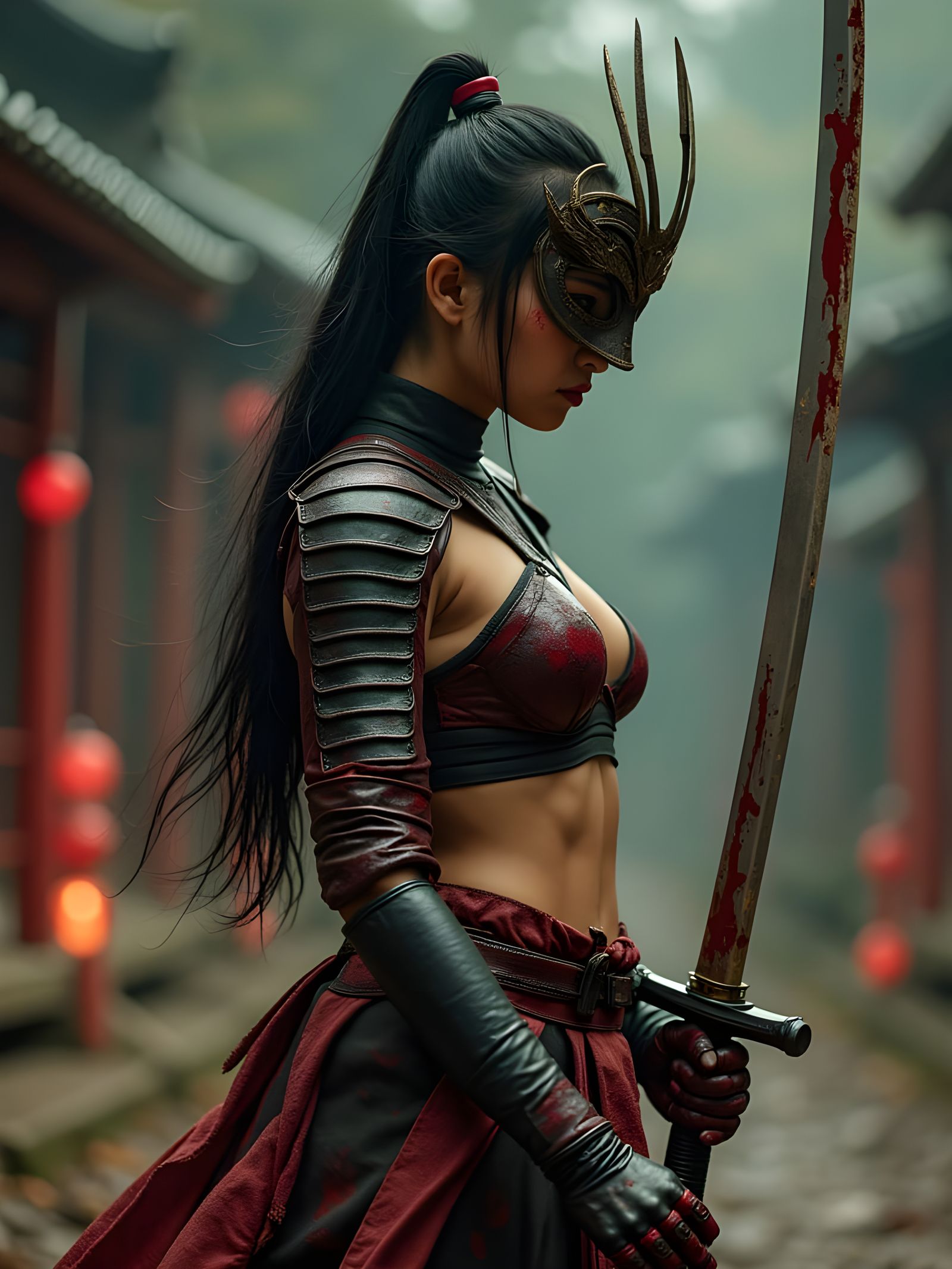 Beautiful Japanese Samurai Warrior with Bloody Blade