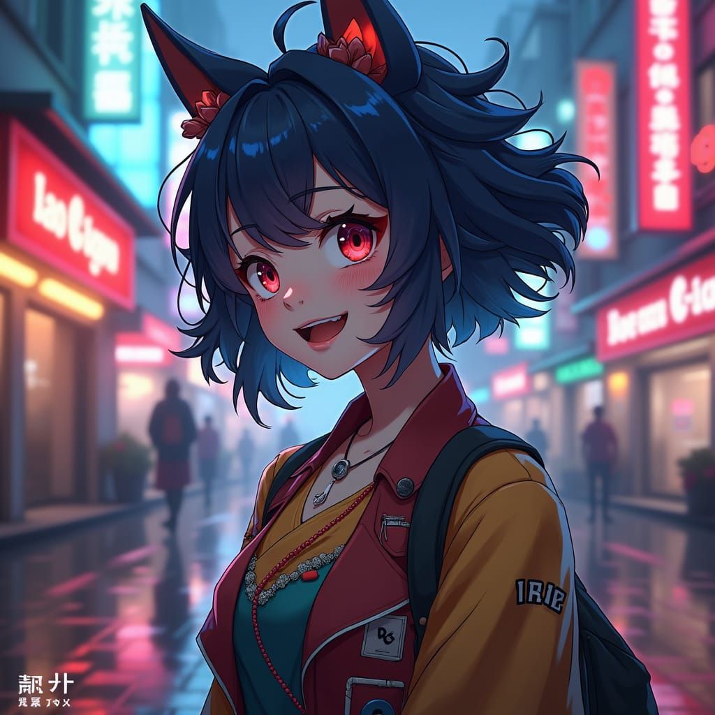 Anime Character in Cityscape with Neon Lights