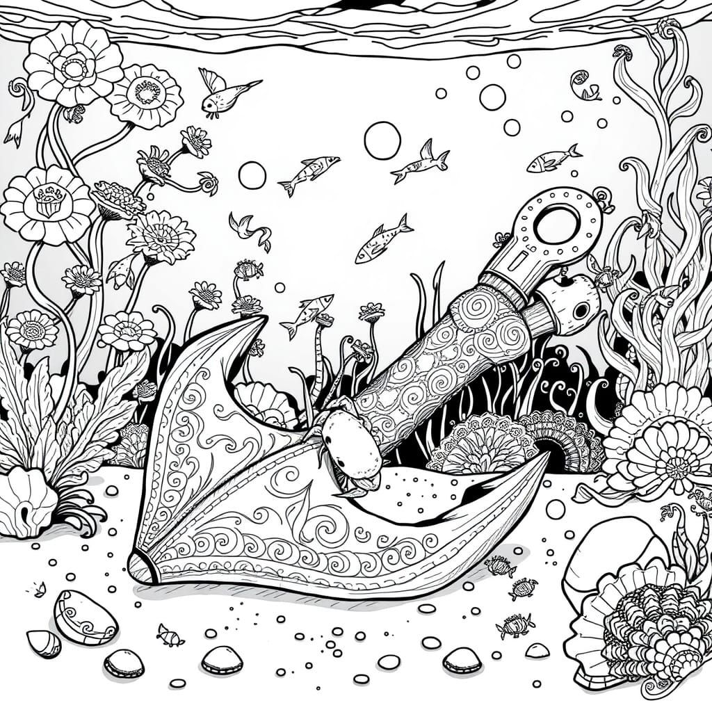 Whimsical Underwater World in Black and White Line Drawing