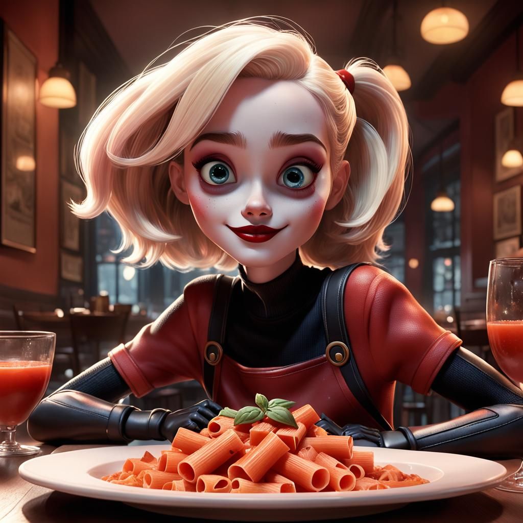 Harley Quinn enjoying a Creamy Tomato Rigatoni