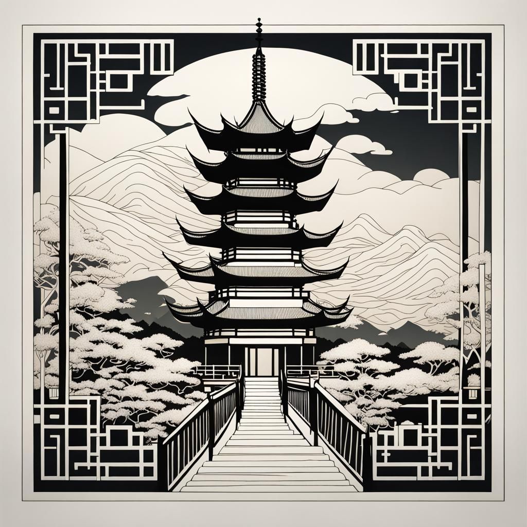 Elegant Pagoda Line Art in Shinhanga Style