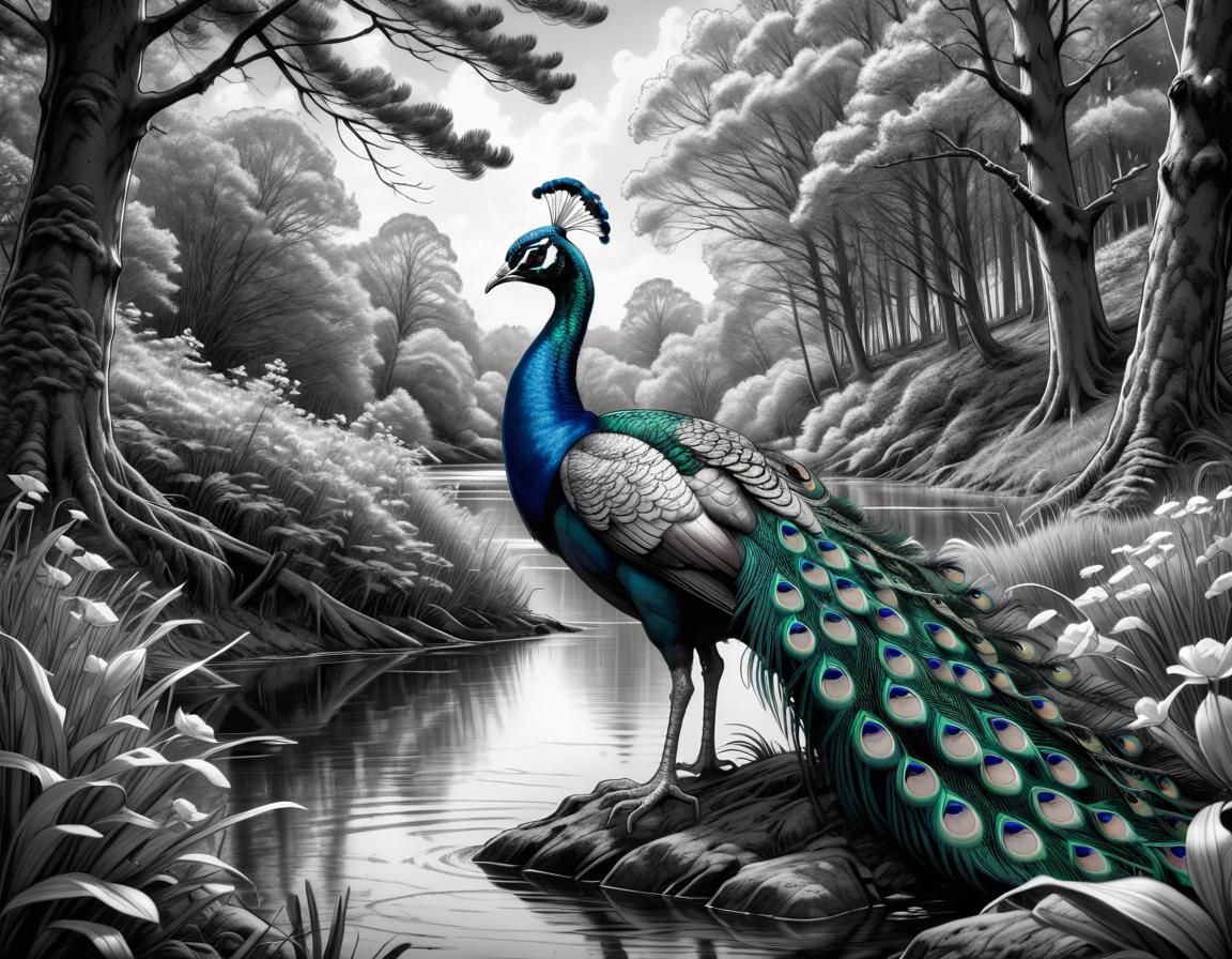 Peacock in Forest Lake: Hyperdetailed Charcoal Drawing