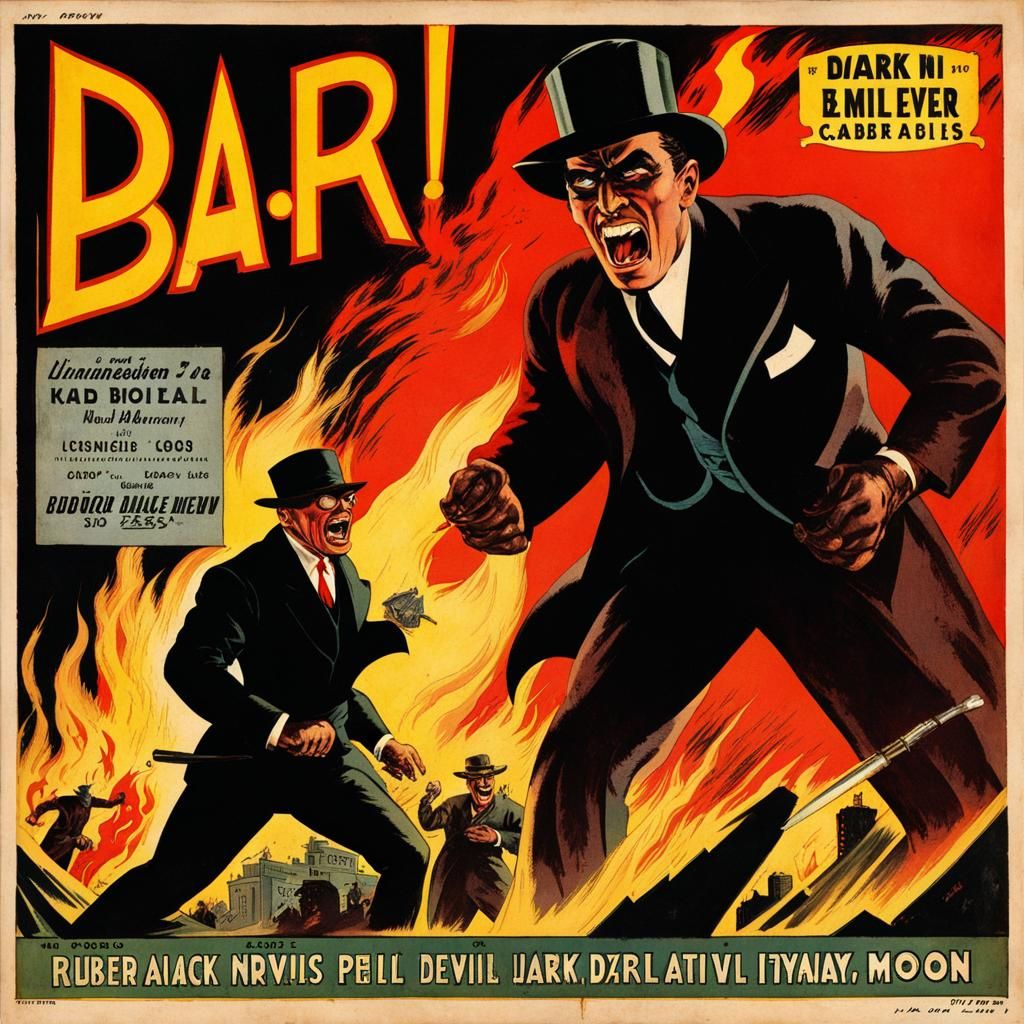 Vintage comic book cover illustration of 1930 agent in black suite black dark glasses black hat screaming while burning ...