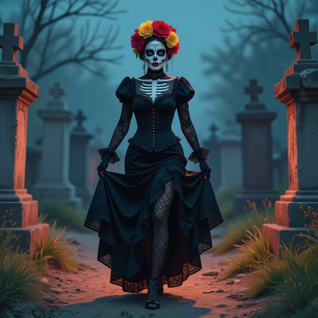 La Catrina in Cemetery: Hyperrealistic Vibrant Portrait