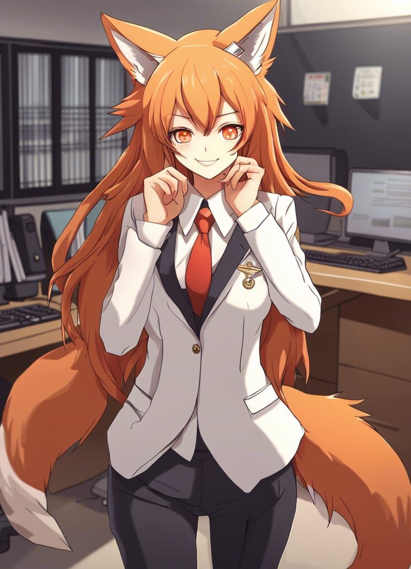 Anime Fox Girl with Nine Tails in Office