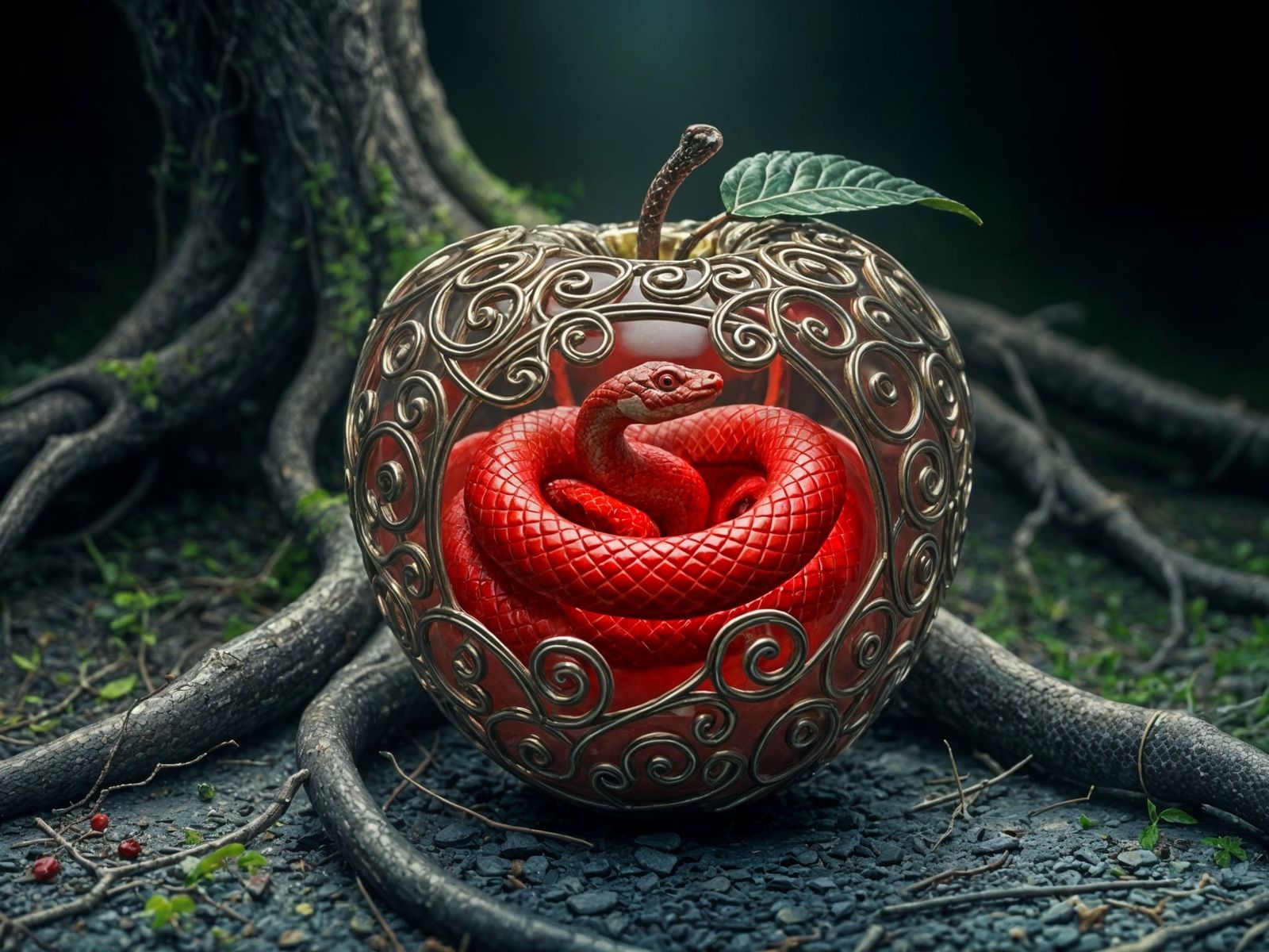 Serpent Encircled Apple with Gold Filigree in Intricate Deta...